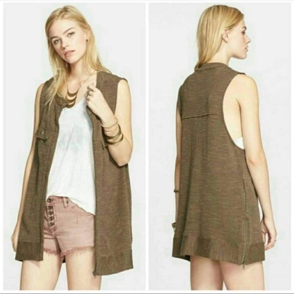 Free People Highway Vest in olive green Heathered knit studded neck LG